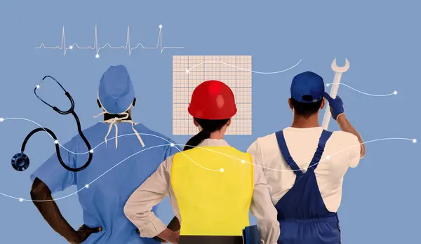 A collage of a doctor, engineer, and electrician with their tools and digital imagery
