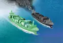 Two cargo ships are side-by-side in the ocean; one is green and the other is dark and dirty and emitting pollution with the euro coin symbol