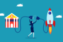 illustration of a university building and a rocket ship connected by a woman holding a cord.