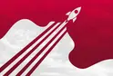 An illustration of a rocket ship blasting out of a patch of clouds