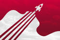 An illustration of a rocket ship blasting out of a patch of clouds