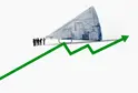 An illustration of workers talking into a megaphone on top of a line chart going up to the right