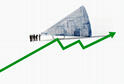 An illustration of workers talking into a megaphone on top of a line chart going up to the right