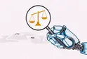 An illustration of a robot hand holding a magnifying glass with the justice scales magnified 