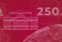A collage with the number '250,' an ornate building, a lightbulb, gears, and a globe