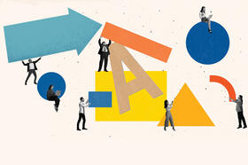 Various employees holding different shapes. The letters "A" and 'I" can be seen.