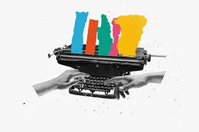 A photo illustration of colorful bars coming out of a typewriter