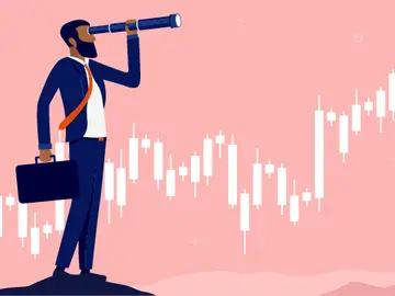 Graphic of businessman using spyglass standing in front of graph