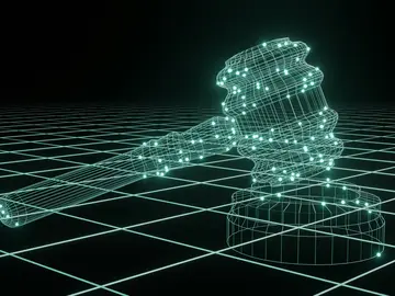 Green digital 3D rendering of a gavel on a black background