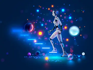 Robot woman walking up futuristic steps