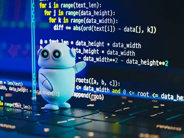 Small, 3D white round chatbot pointing at code on computer screen
