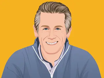 Illustration of smiling man wearing blue jacket against yellow background