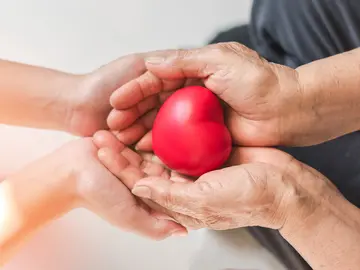 Two pairs of hands holding a red heart