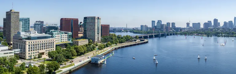 MIT Sloan aerial shot of campus buildings, Charles River, Longfellow Bridge