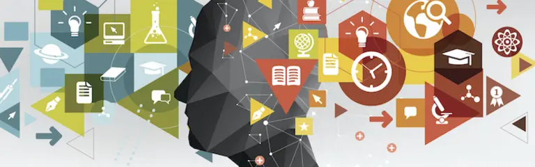 Graphic of a man's profile in silhouette, surrounded by various symbols 