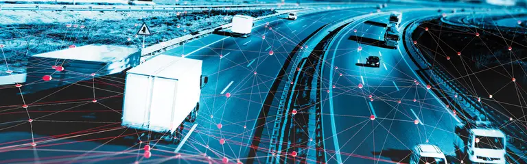 Cars and trucks on the highway with AI/digital graphics overlayed on top