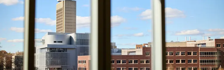 Looking through a multi paned window out into Cambridge, MA buildings of varying height