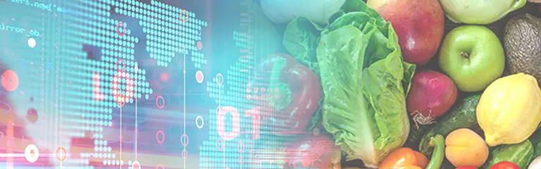 From left to right: computerized image of world map, leading to colorful vegetables and fruits