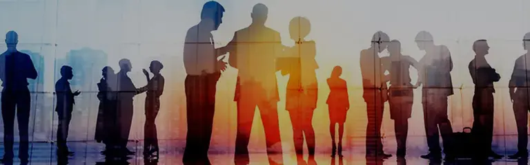 Silhouettes of people over bluish grey background with orange overlay in middle