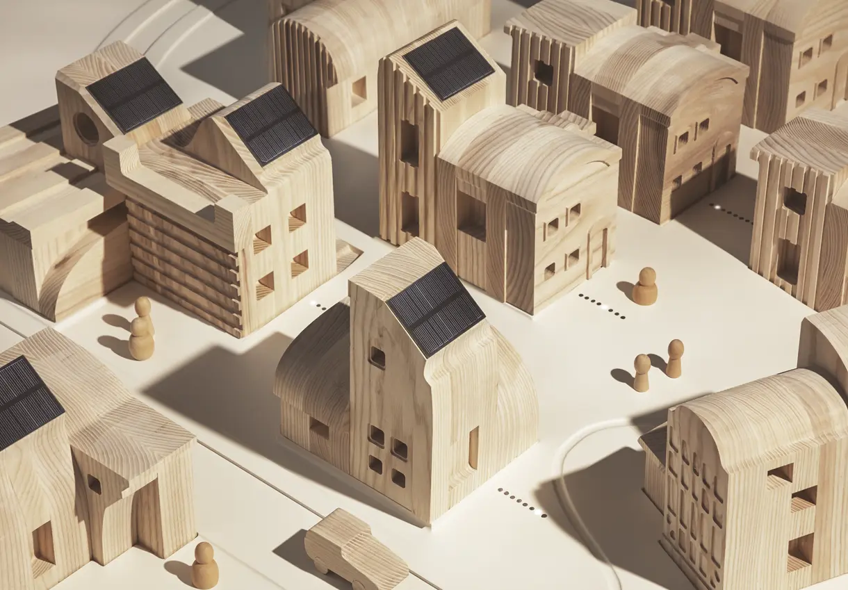 Close-up of IKEA Space10's project - SolarVille, a 1:50 scale village made of wooden blocks, as an exercise in how a community might use two fast-growing technologies to power itself.