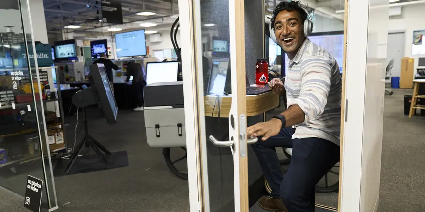 Nikhil George entering a communication pod