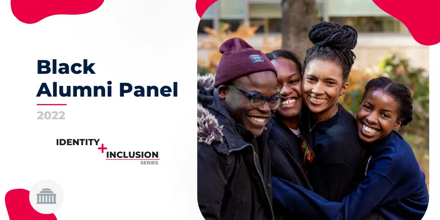 Black Alumni Panel 2022 Identity and Inclusion Series, a group of four black students smiling