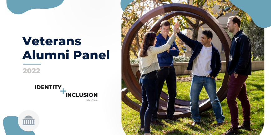 Veterans Alumni Panel 2022 Identity and Inclusion Series, four students standing in front of a round sculpture, two are high fiving