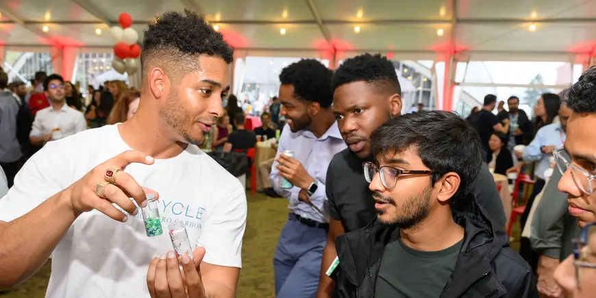 Man shows samples to students