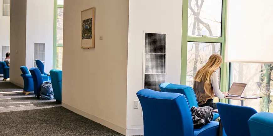 Anne Buisson, a student, studies alone in the library.