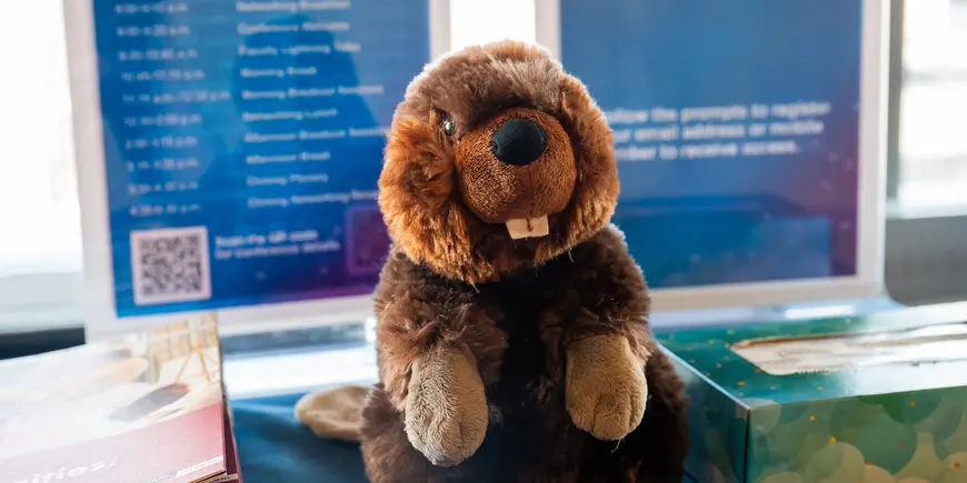 Beaver plushie on table with welcome materials