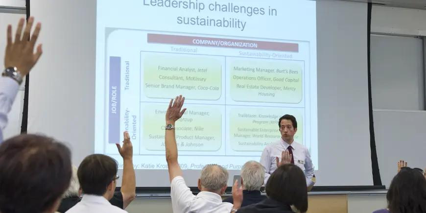A man addresses a classroom of people, many with raised hands