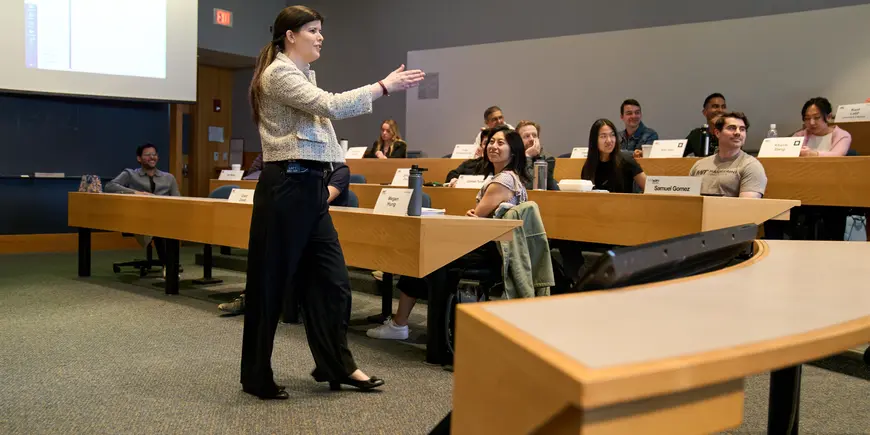 Erin Scott lectures to a room of MIT Sloan students