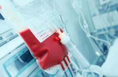IV bag of blood in hospital room