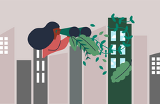 Illustration of a business woman looking through binoculars that have green foliage coming out of them and seeing a green building