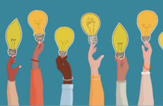 Illustration with the arms of diverse people holding up lightbulbs.
