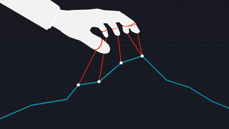 white hand manipulating a stock market graph against a black background