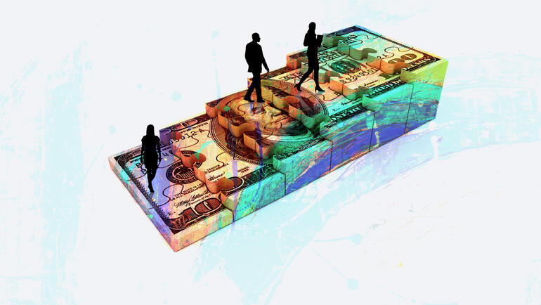 An illustration of three silhouetted people walking up a set of stairs stylized to look like a $100 bill. The work symbolizes the financial opportunity necessary for successful entrepreneurship.