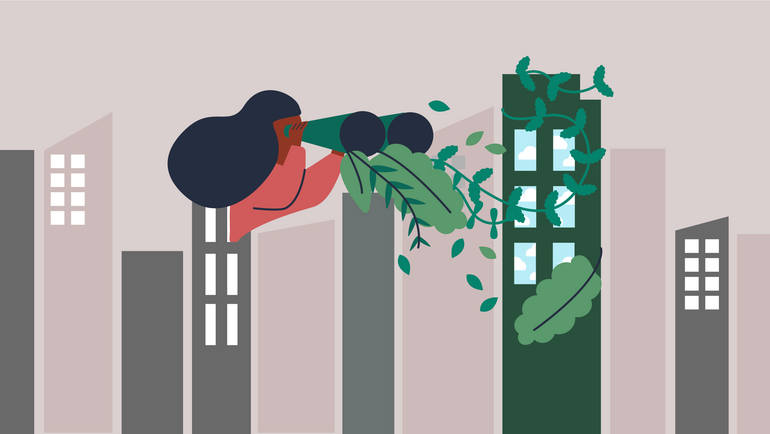 Illustration of a business woman looking through binoculars that have green foliage coming out of them and seeing a green building
