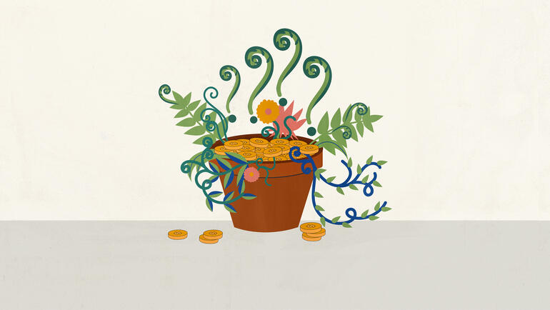 Greenery and florals sprouting from a flower pot holding gold coins