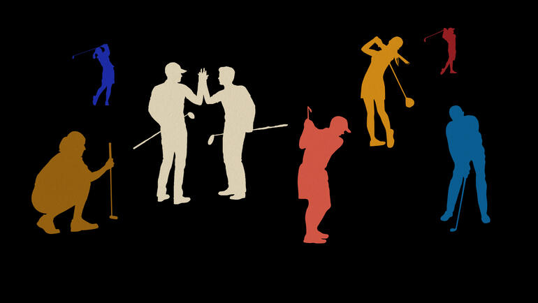 Various people represented in different colors playing golf