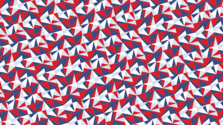 Horizontal banner with patriotic geometric pattern.