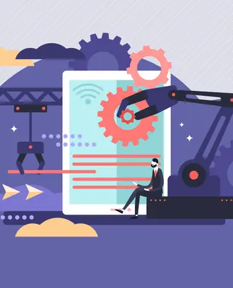 business worker with laptop surrounded by robotic devices