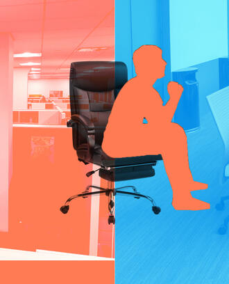 silhouette of a man sitting on the chair with a split background of an office and conference room