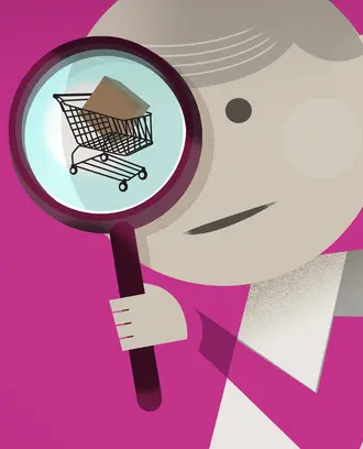 Person holding a magnifying glass up to a shopping cart