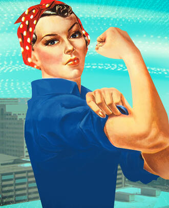 Rosie the Riveter in front of a modern urban office complex