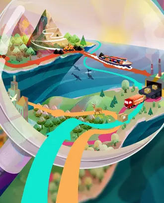 magnifying glass looking over a landscape of boats, trains, and trucks, symbolizing supply chain transparency