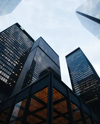 View of skyscrapers as seen from the ground looking up 