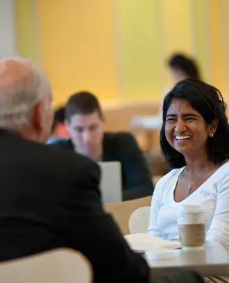 A photo of people talking