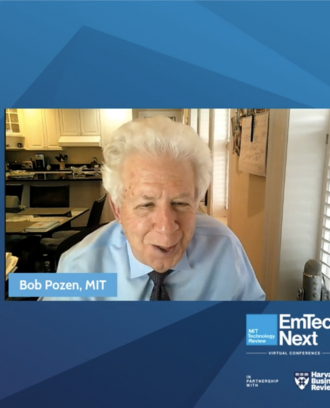 Screenshot of MIT Sloan's Bob Pozen speaking virtually with Tate Ryan-Mosley of MIT Technology Review at the EmTech Next Conference