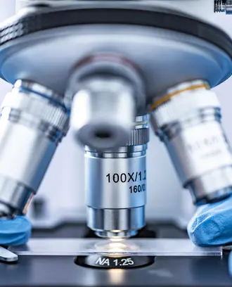 Glass slide being placed under a microscope.